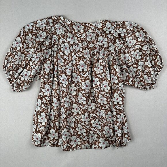 Outerknown Floral Blouse Top Women’s S‎ Brown Bell Short Sleeve V Neck Organic - Picture 14 of 16